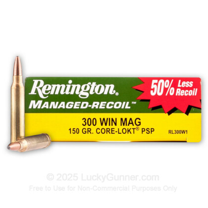 Large image of Premium 300 Win Mag Ammo For Sale - 150 Grain PSP Ammunition in Stock by Remington Managed-Recoil - 20 Rounds