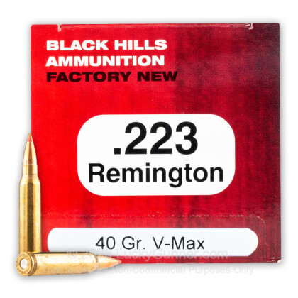Large image of Premium 223 Rem Ammo For Sale - 40 Grain V-Max Ammunition in Stock by Black Hills - 50 Rounds