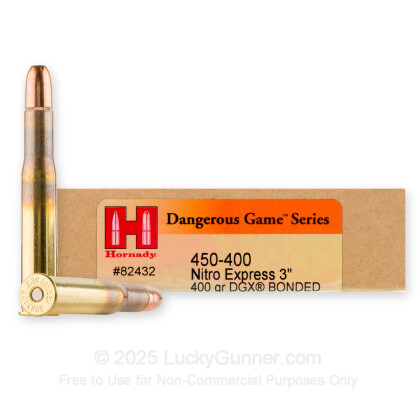 Large image of Premium 450-400 Nitro Express 3″ Ammo For Sale - 400 Grain DGX Bonded Ammunition in Stock by Hornady Dangerous Game Series - 20 Rounds