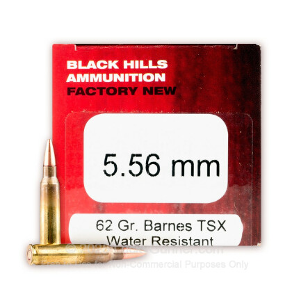 Large image of Premium 5.56 NATO Ammo For Sale - 62 Grain Barnes TSX PT Ammunition in Stock by Black Hills Ammunition - 50 Rounds