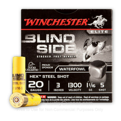 Large image of Premium 20 Gauge Ammo For Sale - 3" 1-1/16 oz. #5 Steel Shot Ammunition in Stock by Winchester Blind Side - 25 Rounds