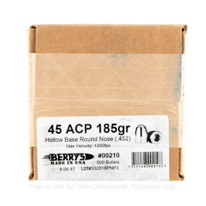 Large image of Bulk 45 ACP (.452) Bullets for Sale - 185 Grain Plated HB RN Bullets in Stock by Berry's - 250