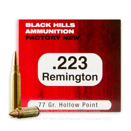 Large image of Cheap 223 Rem Ammo For Sale - 77 Grain HP Ammunition in Stock by Black Hills Ammunition - 50 Rounds