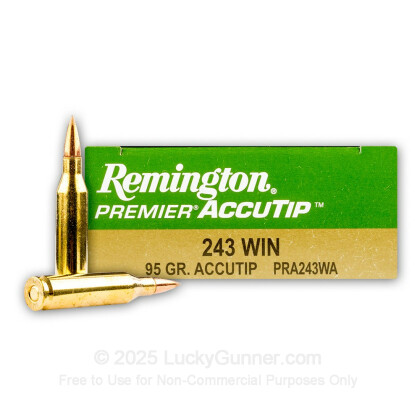 Large image of Premium 243 Win Ammo For Sale - 95 Grain Accutip Polymer Tip Ammunition in Stock by Remington Premier - 20 Rounds