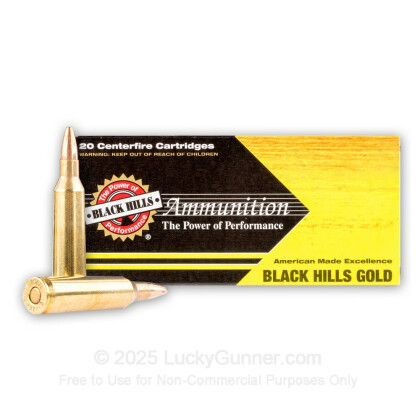 Large image of Premium 22-250 Ammo For Sale - 36 Grain Varmint Grenade HP Ammunition in Stock by Black Hills Gold - 20 Rounds
