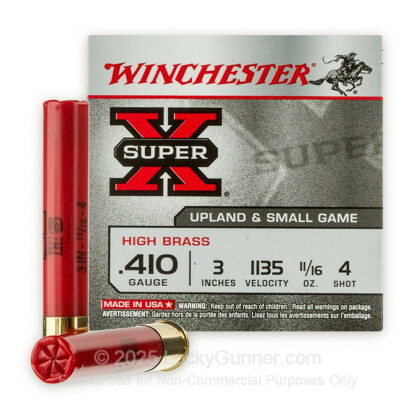 Large image of Cheap 410 Gauge Ammo For Sale - 11/16 oz #4 Shot Ammunition in Stock by Winchester Super X - 25 Rounds