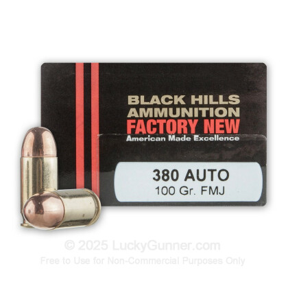 Large image of Cheap 380 Auto Ammo For Sale - 100 Grain FMJ Ammunition in Stock by Black Hills - 20 Rounds