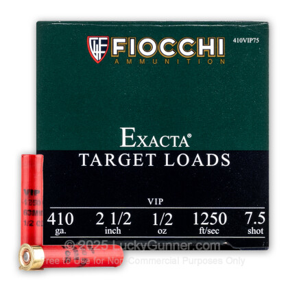 Large image of Cheap 410 Bore Ammo For Sale - 2-1/2" 1/2 oz. #7.5 Shot Ammunition in Stock by Fiocchi Exacta Target Loads - 25 Rounds