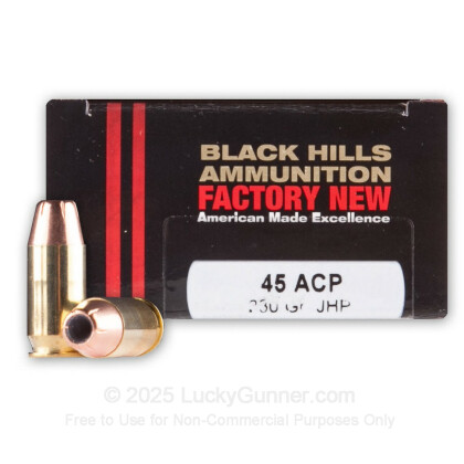 Large image of Premium 45 ACP Ammo For Sale - 230 Grain JHP Ammunition in Stock by Black Hills - 20 Rounds