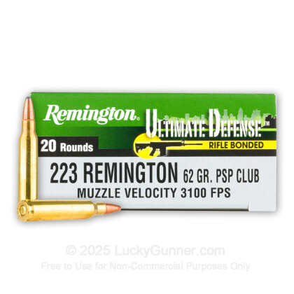 Large image of Premium 223 Rem Ammo For Sale - 62 Grain PSP CLUB Ammunition in Stock by Remington Ultimate Defense Rifle Bonded - 20 Rounds
