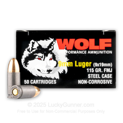Large image of Bulk 9mm Ammo For Sale - 115 Grain FMJ Ammunition in Stock by Wolf Performance - 1000 Rounds