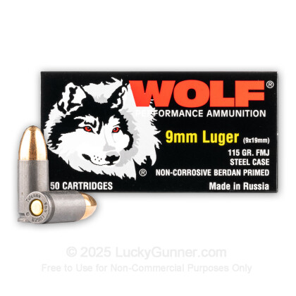 Large image of Bulk 9mm Ammo For Sale - 115 Grain FMJ Ammunition in Stock by Wolf Performance - 1000 Rounds