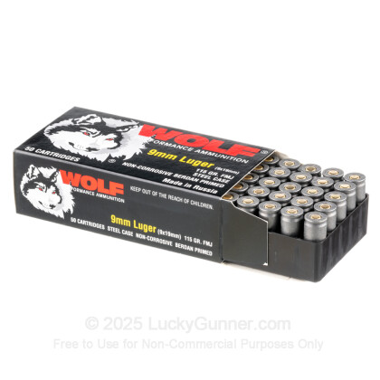 Large image of Bulk 9mm Ammo For Sale - 115 Grain FMJ Ammunition in Stock by Wolf Performance - 1000 Rounds