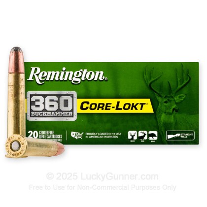 Large image of Premium 360 Buckhammer Ammo For Sale - 200 Grain SP Ammunition in Stock by Remington Core-Lokt - 20 Rounds