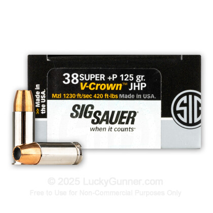 Large image of Premium 38 Super +P Ammo For Sale - 125 Grain JHP Ammunition in Stock by SIG Sauer V-Crown - 20 Rounds