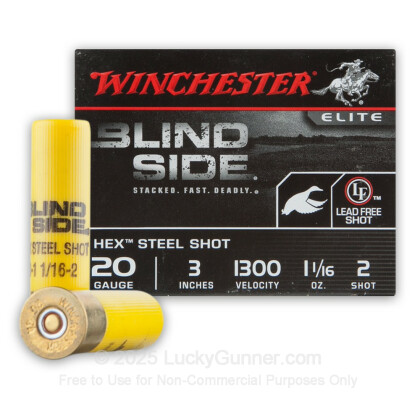 Large image of Premium 20 Gauge Ammo For Sale - 3" 1-1/16oz. #2 Hex Steel Shot Ammunition in Stock by Winchester Blind Side Waterfowl - 25 Rounds