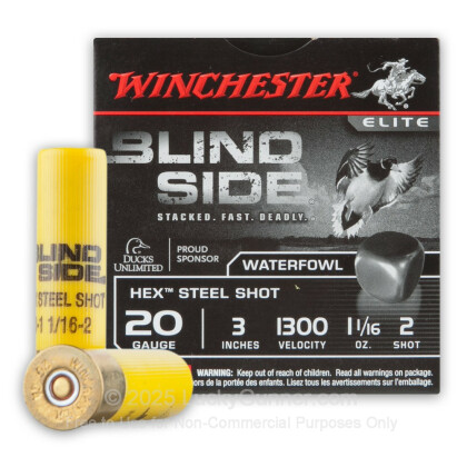 Large image of Premium 20 Gauge Ammo For Sale - 3" 1-1/16oz. #2 Hex Steel Shot Ammunition in Stock by Winchester Blind Side Waterfowl - 25 Rounds