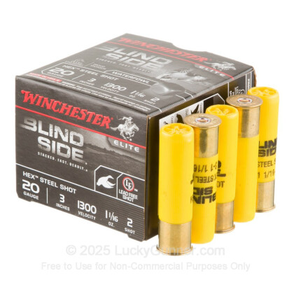 Large image of Premium 20 Gauge Ammo For Sale - 3" 1-1/16oz. #2 Hex Steel Shot Ammunition in Stock by Winchester Blind Side Waterfowl - 25 Rounds