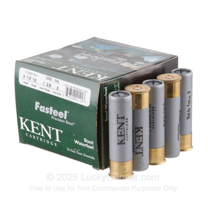 Large image of Cheap 12 Gauge Ammo For Sale - 3-1/2" 1-3/8 oz. #2 Steel Shot Ammunition in Stock by Kent Fasteel - 25 Rounds