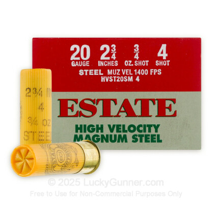 Large image of Cheap 20 Gauge Ammo For Sale - 2-3/4" 3/4 oz. #4 Steel Shot Ammunition in Stock by Estate Cartridge HV - 25 Rounds