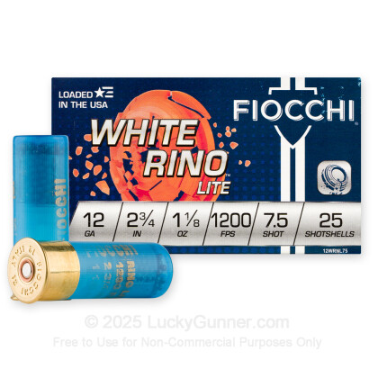 Large image of Cheap 12 Gauge Ammo For Sale - 2-3/4” 1-1/8oz. #7.5 Shot Ammunition in Stock by Fiocchi White Rino Lite - 25 Rounds