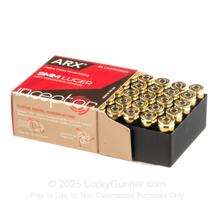 Large image of Premium 9mm Ammo For Sale - 65 Grain ARX Ammunition in Stock by Inceptor - 25 Rounds