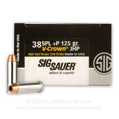 Large image of Premium 38 Special +P Ammo For Sale - 125 Grain JHP Ammunition in Stock by SIG Sauer V-Crown - 20 Rounds