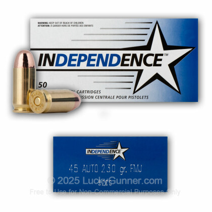 Large image of 45 Auto Ammo For Sale - 230 gr FMJ .45 ACP Ammunition In Stock by Independence - 50 Rounds
