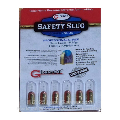 Large image of Premium 9mm Ammo For Sale - +P 80 Grain Pre-Fragmented Hollow Point Ammunition in Stock by Glaser Blue Safety Slug - 6 Rounds
