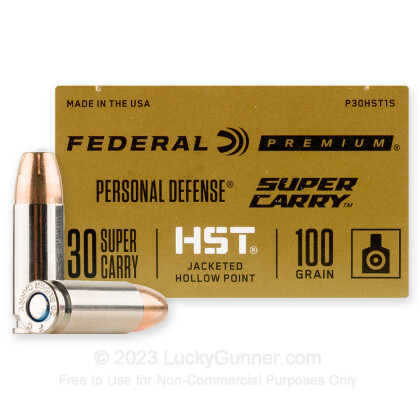 Large image of Premium 30 Super Carry Ammo For Sale - 100 Grain JHP Ammunition in Stock by Federal Personal Defense HST - 20 Rounds