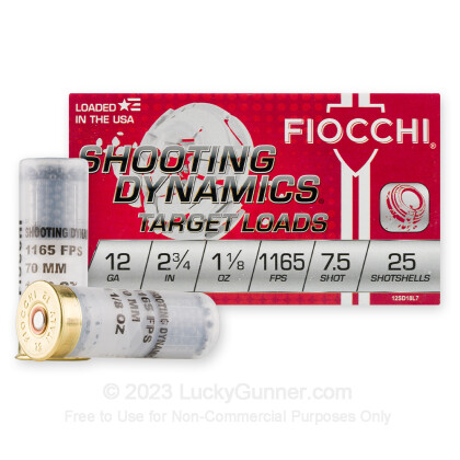 Large image of Cheap 12 Gauge Ammo For Sale - 2-3/4" 1-1/8 oz. #7-1/2 Shot Ammunition in Stock by Fiocchi Target Shooting Dynamics - 25 Rounds