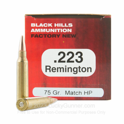 Large image of Premium 223 Rem Ammo For Sale - 75 Grain Match Hollow Point Ammunition in Stock by Black Hills Ammunition - 50 Rounds