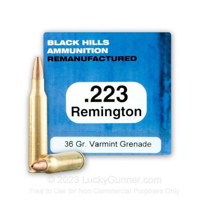 Large image of Bulk 223 Remington Ammo For Sale - 36 Grain Remanufactured Varmint Grenade HP Ammunition in Stock by Black Hills - 500 Rounds