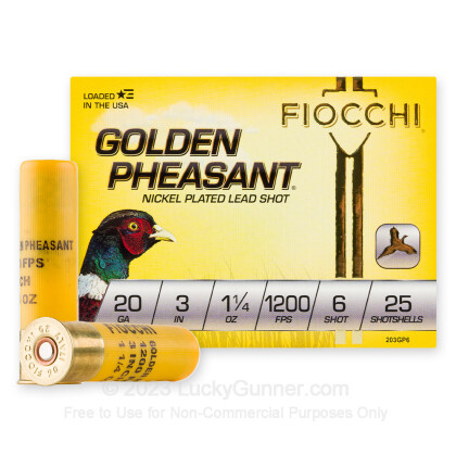 Large image of Premium 20 Gauge Ammo For Sale - 3” 1-1/4oz. #6 Shot Ammunition in Stock by Fiocchi Golden Pheasant - 25 Rounds