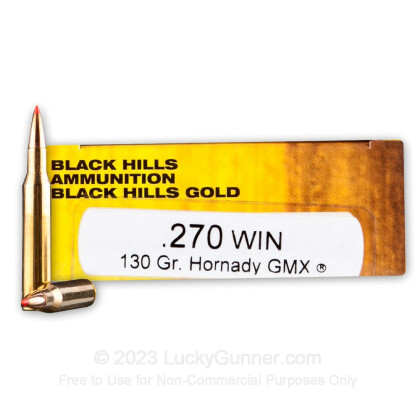 Large image of Premium 270 Ammo For Sale - 130 Grain Hornady GMX Ammunition in Stock by Black Hills Gold - 20 Rounds