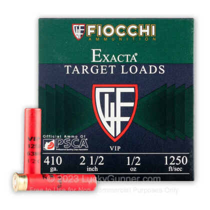 Large image of Cheap 410 Bore Ammo For Sale - 2-1/2" 1/2 oz. #8 Shot Ammunition in Stock by Fiocchi Exacta Target Loads - 250 Rounds