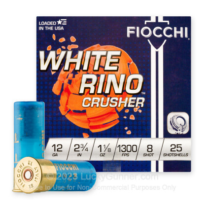 Large image of Cheap 12 Gauge Ammo For Sale - 2-3/4” 1-1/8oz. #8 Shot Ammunition in Stock by Fiocchi White Rino Crusher - 25 Rounds