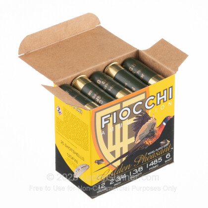 Large image of Premium 12 Gauge Ammo For Sale - 2-3/4" 1-3/8 oz. #6 Shot Ammunition in Stock by Fiocchi Golden Pheasant Nickel Plated GPX- 25 Rounds