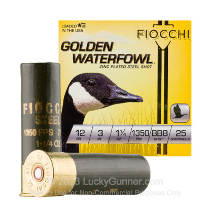 Large image of Premium 12 Gauge Ammo For Sale - 3” 1-1/4oz. BBB Steel Shot Ammunition in Stock by Fiocchi Golden Waterfowl - 25 Rounds