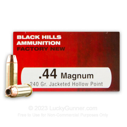 Large image of Premium 44 Mag Ammo For Sale - 240 Grain JHP Ammunition in Stock by Black Hills - 50 Rounds