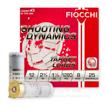Large image of Cheap 12 Gauge Ammo For Sale - 2-3/4” 1-1/8oz. #8 Shot Ammunition in Stock by Fiocchi Shooting Dynamics - 25 Rounds