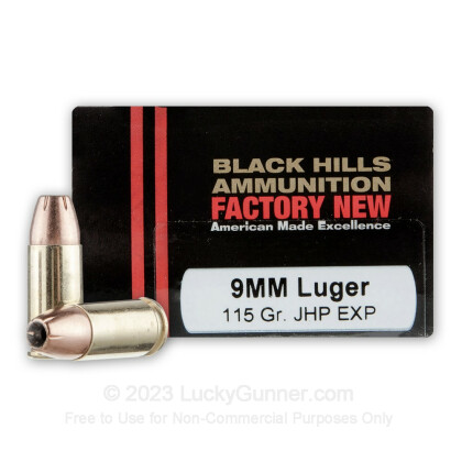 Large image of Premium 9mm Ammo For Sale - 115 Grain EXP JHP Ammunition in Stock by Black Hills - 20 Rounds