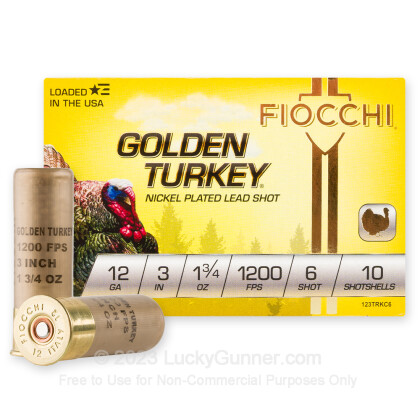 Large image of Premium 12 Gauge Ammo For Sale - 3” 1-3/4oz. #6 Shot Ammunition in Stock by Fiocchi Golden Turkey - 10 Rounds