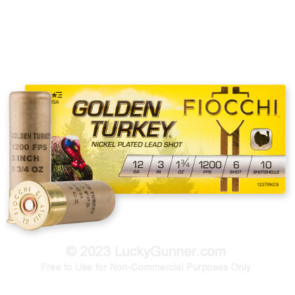 Large image of Premium 12 Gauge Ammo For Sale - 3” 1-3/4oz. #6 Shot Ammunition in Stock by Fiocchi Golden Turkey - 10 Rounds