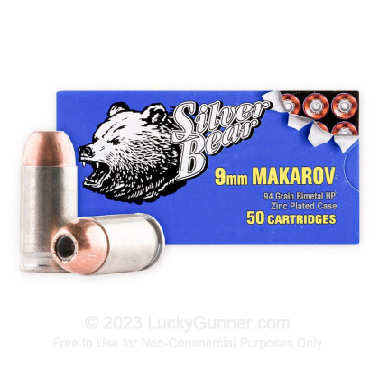 Large image of Cheap 9x18mm Makarov Ammo For Sale – 94 Grain JHP Ammunition in Stock by Silver Bear - 50 Rounds