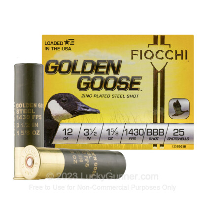 Large image of Premium 12 Gauge Ammo For Sale - 3-1/2” 1-5/8oz. BBB Steel Shot Ammunition in Stock by Fiocchi Golden Goose - 25 Rounds