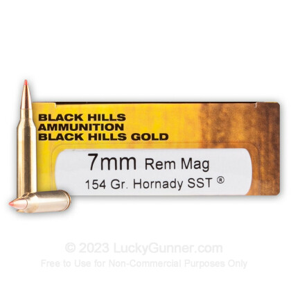 Large image of Premium 7mm Remington Mag Ammo For Sale - 154 Grain Hornady SST Polymer Tip Ammunition in Stock by Black Hills Gold - 20 Rounds