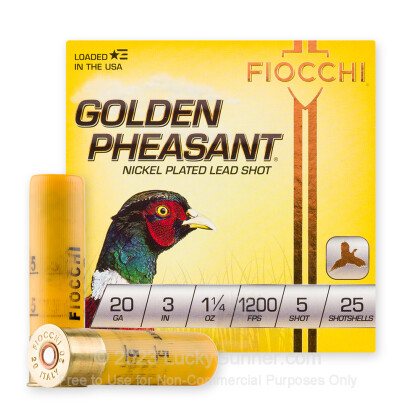 Large image of Premium 20 Gauge Ammo For Sale - 3” 1-1/4oz. #5 Shot Ammunition in Stock by Fiocchi Golden Pheasant - 25 Rounds