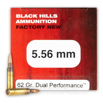 Large image of Premium 5.56x45 Ammo For Sale - 62 Grain Dual Performance Ammunition in Stock by Black Hills - 50 Rounds