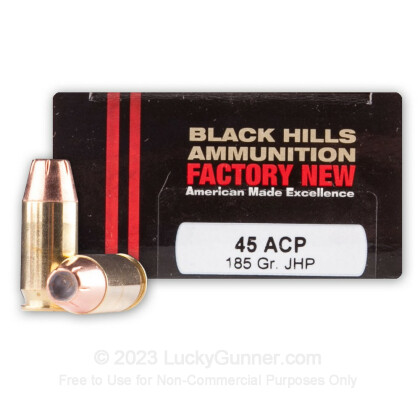 Large image of Premium 45 ACP Ammo For Sale - 185 Grain JHP Ammunition in Stock by Black Hills - 20 Rounds